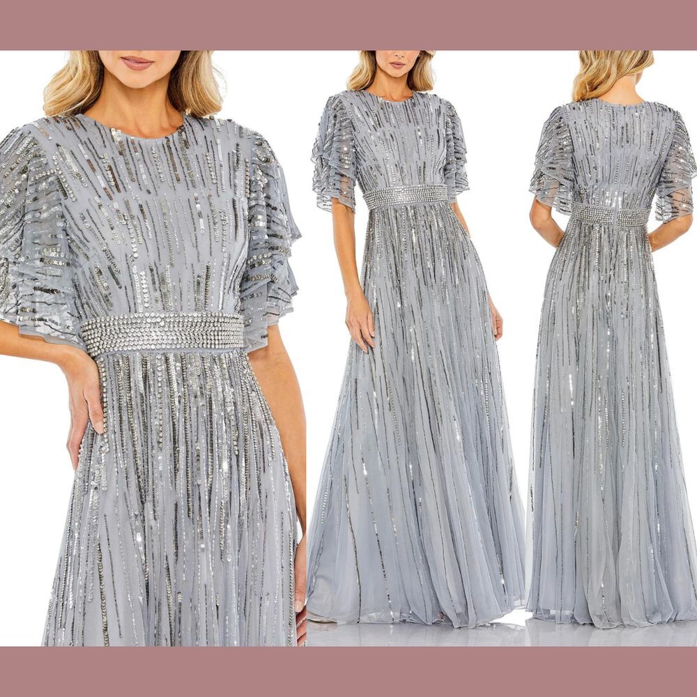 NWT $698 Mac Duggal [ 8 ] Embellished Full Length Layered‎ Sleeve Gown Blue #J37